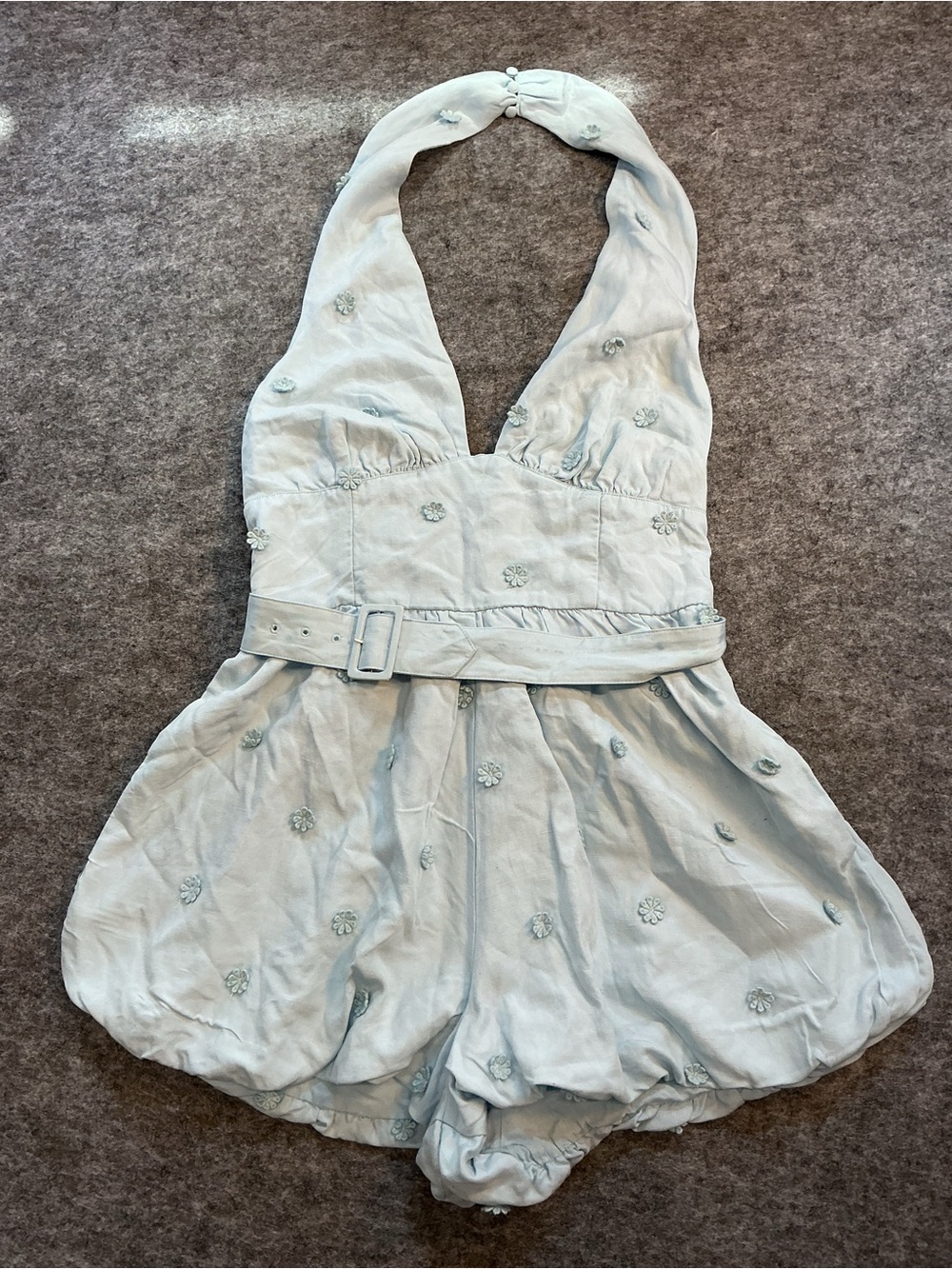 Anthropologie Linen Blend Bubble Light Blue Embroidered Halter Romper with Belt - Picture 2 of 5